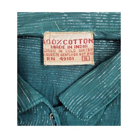 vtg 1970s Green Button Down Cotton Gauze Shirt Metallic Silver Thread Sz S - Picture 5 of 5